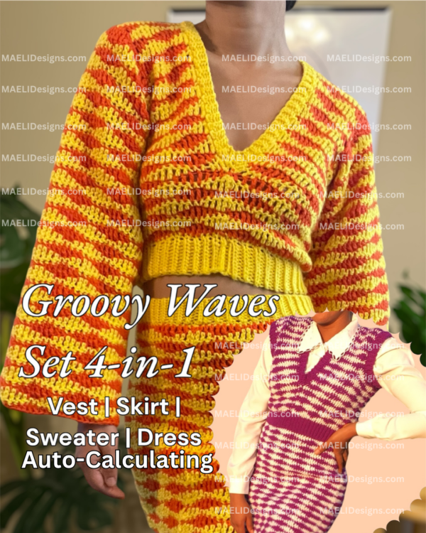 Groovy Waves Sweater Set 4-in-1 Sweater, Vest, Skirt, Dress - Digital Crochet Pattern - Size Inclusive